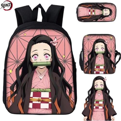 Anime Students Backpack Demon Slayer Kamado Nezuko School Bag Backpack Satchel Messenger Bag Pen Bag Three Pieces Set Gift