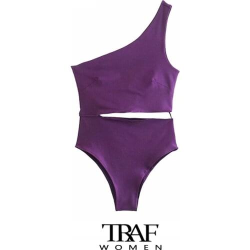 TRAF Za Women Sexy Fashion Hollow Out Skinny Bodysuits Vintage Sleeveless Asymmetric Female Playsuits Mujer