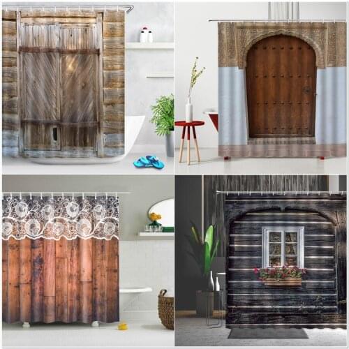 Antique Printing Shower Curtain Old-Fashioned Wooden Door Flower Shabby Wood Grain Gate Home Bathroom Decor Polyester Curtains