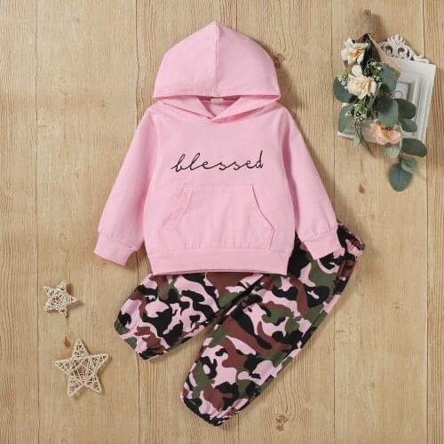 2Pcs Fall Spring Girls Kids Tracksuit Set Letters Print Hooded Long Sleeves Sweatshirt Camouflage Casual Pants Outfit Set