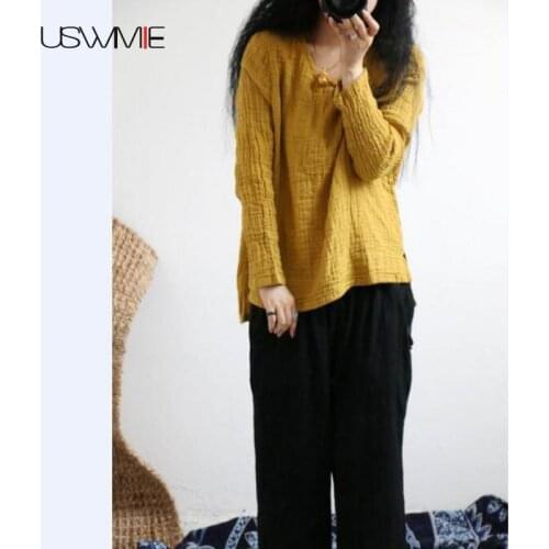 USWMIE 2020 Spring New Vintage Modified Button Casual Simple Pullover O-neck Solid Color Long Sleeve Plus Size Bottoming Tops