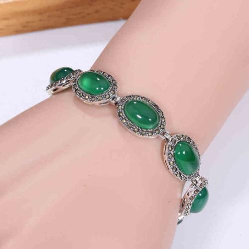 ZHJIASHUN Vintage 100% 925 Sterling Silver Chalcedony Round Bracelets Retro Natural Green Gemstone Bracelet Jewelry For Women