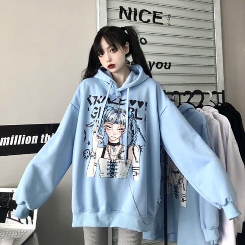 Harajuku Japanese Girls Letters Print Long Sleeve Fleece Warm Chain Hoodies Women Winter Loose Pullovers Hooded Sweatshirt Tops