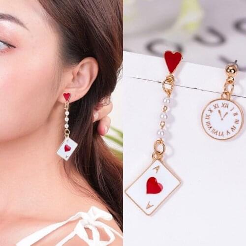 Gold Asymmetrical Earrings Red Peach Earrings Alice In Wonderland Dangle Earrings Poker Card Womens Earring Fashion Jewelry