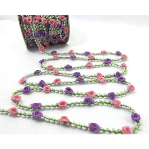 2 Yards Woven Rococo Ribbon Trim with Pink and Purple Rose Flower Buds|Decorative Floral Ribbon|Scrapbook Materials|Decor