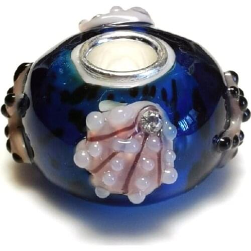 Emith Fla 925 Sterling Silver Large Hole Charm Beads Round Blue Ocean Murano Glass Beads Fit For Brand Bracelet Jewelry Makings