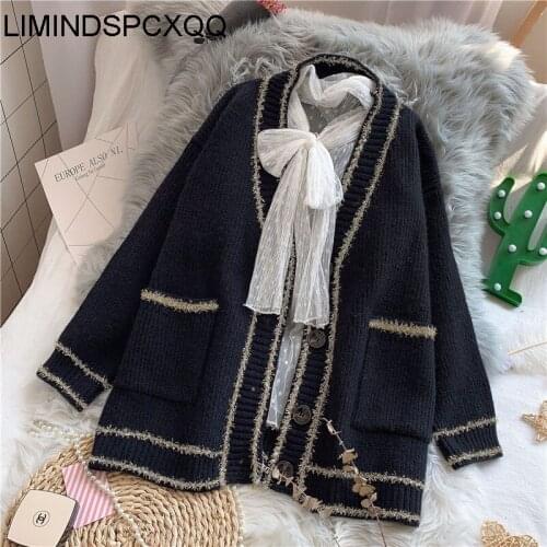 Black Elegant Long Sleeve Loose Sweater Women 2021 Female Cardigan Soft Knitted Jumper Pull Femme Thin Spring Autumn Clothing