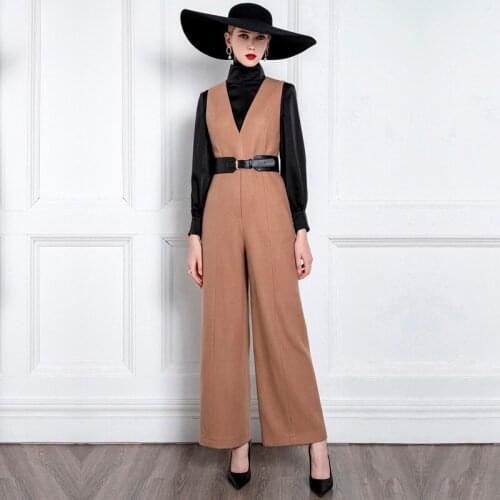 High End Temperament Wide Leg Pants Camel Autumn And Winter New Fashion Celebrity Slim Party Jumpsuit