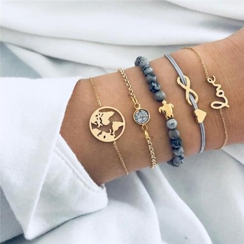 BOYULIGE Charm Women Bracelet Set Bracelet Turtle Heart Shape Letter World Map Beaded Bracelets Fort Women Best Jewelry Gift