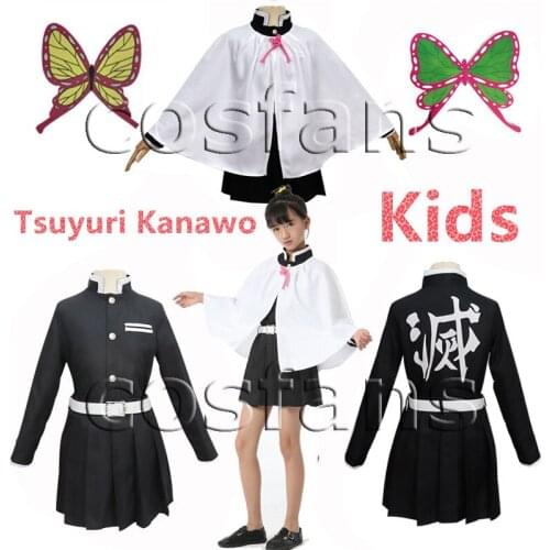 Kids Demon Slayer Kimetsu no Yaiba Tsuyuri Kanawo Battle Suit Team Uniform Cosplay Costume Halloween Party Costumes Wigs Props