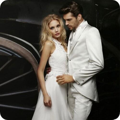 Ivory Satin Men Suit For Wedding Peaked Lapel Bridegroom Man Blazer Tailcoat Slim Fit Formal Terno Masculino Groom Jacket Pant