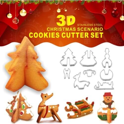 Hot 8Pcs/set Christmas Cookie Cutter Mold Stainless Steel 3D Gingerbread House Cookie Cutter Set Christmas Tree Biscuit Mould