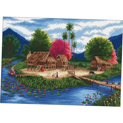 Landscape Cross Stitch Embroidery Kit For Woman Stamped River House Pattern