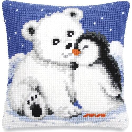Cross Stitch Cushion Front Bear with Penguin Needlepoint Kits Printed Canvas Chunky Yarn Cross-stitch Pillow Case Arts & Crafts