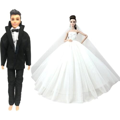 NK 1x Fashion Doll Wedding Dress Princess Evening Part Outfit Couple Clothes For Barbie Ken Doll Groom Suit Accessories JJ
