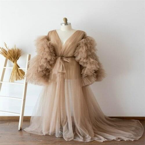 Newest Night Gown Illusion Bride Sleepwear Robes Tulle Custom Made Long Sleeves Dressing Gown Women Sexy Sleepwear Dresses