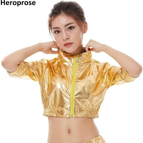Heroprose 2018 New Fashion Kids Adult Dance Tops Jazz DS Wear Gold Bright Hip Hop Stage Performance Coat Ultra-short Slim Jacket