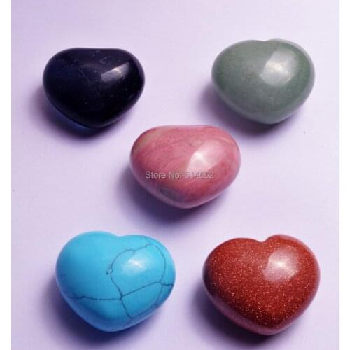One Set(5 Pcs) 30mm Natural Gemstone Puff Heart Worry Healing Stone W1253