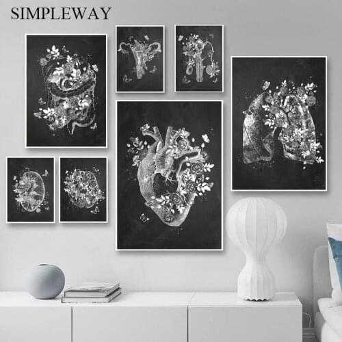 Black White Human Body Anatomy Canvas Poster Brain Heart Organ Wall Print Retro Abstract Art Painting Medical Decoration Picture