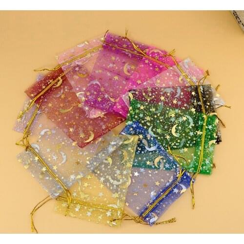 100pcs/lot Mixed Color Organza Jewelry Gift Bags 9*12cm Drawstring Bags Star Moon Pattern Organza Bags& Pouch Free Shipping