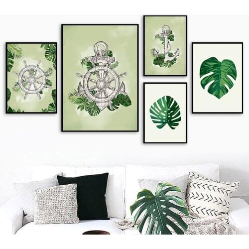 Nordic Plants Palm Leaf Anchor Rudder Canvas Print Wall Art Poster Picture Modern Minimalist Bedroom Living Room Decoration