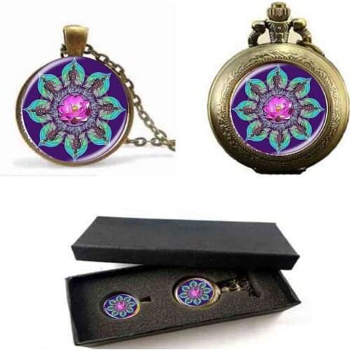 Wholesale Glass Dome Necklace Handmade Flower Of Life Picture Pendant steel Antique Bronze Plated Pocket Watch With Free Box