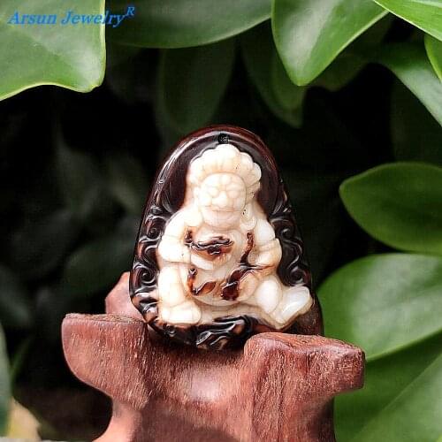 Tibetan Buddhism Auspicious Black God of Wealth Pendant Old Agate Carved Male and Female Amulet Buddha Necklace Pendant