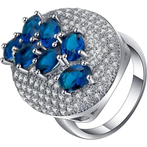 UFOORO fashion exaggeration silver color ring mystery high quality blue birthstone band shiny luxury wedding jewelry gift