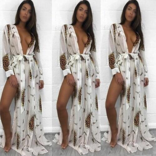 Women Summer Chiffon Bikini Cover Up Swimwear Bathing Suit Beach Long Maxi Dress Print Boho Sexy perspective Mesh