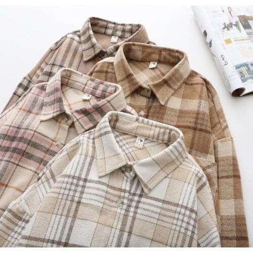 Blouse Women Woolen Vintage Plaid Shirt Coat Long Sleeve Turn Down Collar Button Up Jacket Casual Fashion Outwear Tops 2021