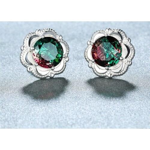 Red Green Zircon Gradient Crystal Flower Stud Earrings For Women Wedding Jewelry Female Luxury 8MM Round Rainbow Stone Earrings