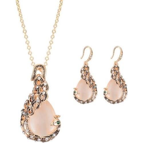 Women Peacock Waterdrop Faux Opal Pendant Necklace Hook Earrings Jewelry Set