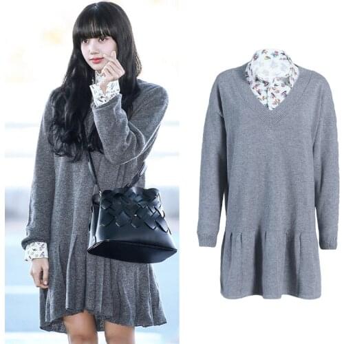 KPOP TWICE IU Seo Yea Ji spring new Floral chiffon lapel shirt tops + gray knitted loose long sleeved dress women two-piece suit