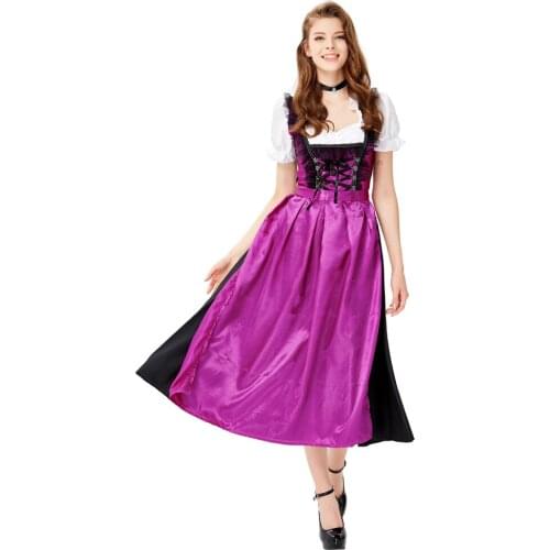 Adult Women Halloween Oktoberfest Costume Bavaria Beer Festival Purple Black Long Lacing Up Dress For Female