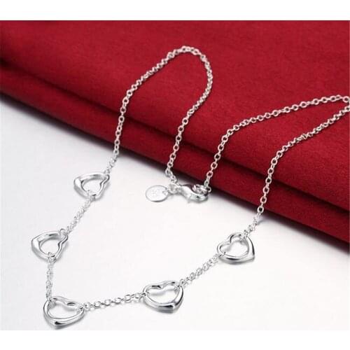 Elegant Ladies Necklace 925 Hollow Heart Pendant Long Necklace Mulit Chain Silver colorPlated Jewelry Loving Gift