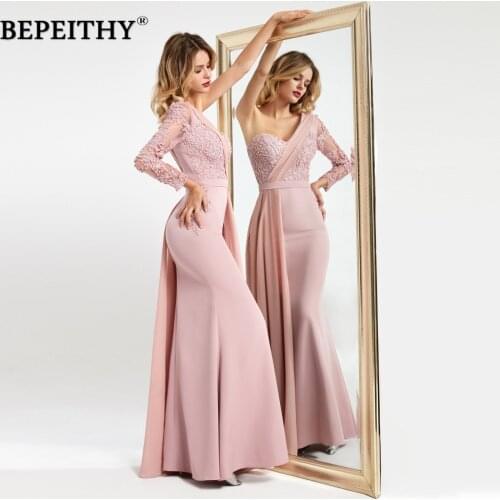 BEPEITHY One Shoulder Long Evening Dresses Luxury 2020 With Flow Sexy Mermaid Prom Dress For Women With Sleeves Party Gown