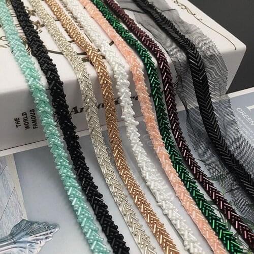 1yard Black Champagne Pearl Beaded Mesh Lace Trim Collar Ribbons African Lace Sewing Materials Crafts For Clothes Wedding Dress