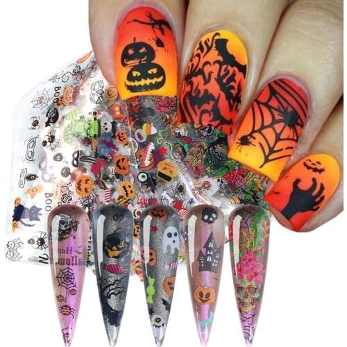 10pcs Halloween Nail Art Foil Decal Pumpkin Spider Skull Transfer Sticker for Manicure Gel Polish Slider Wraps Decoration TR2002