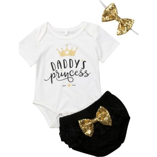 2020 Newborn Baby Girls Summer Clothing Sets Daddys Princess Letter Print Romper+Tulle Pants Headband 3pcs Outfits Set 0-18M