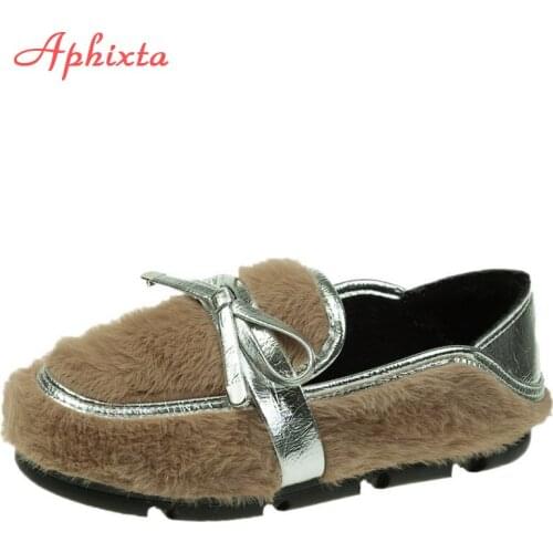 Aphixta 2020 Winter Furry Flats Women Warm Bling Bow-knot Hand Stitching Flat Heel Indoor Shoes Women Slip-on Hairy Flats