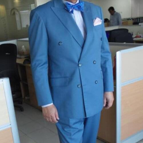 Double Breasted Royal Blue Men Suits with Peaked Lapel 2 piece Wedding Groom Tuxedo Custom Big Size Man Fashion Clothes