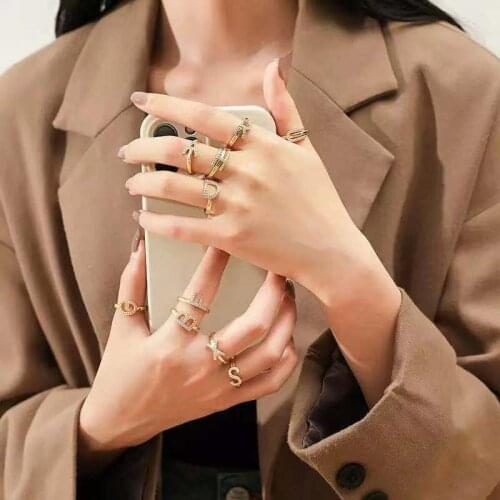 Korean Micro-nail Zircon A-Z Initial Letter Ring Ladies Fashion Simple 26 English Letters Adjustable Ring Jewelry Gift Wholesale