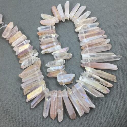 MY0775 Matte Crystal Quartz Champagne Titanium Stick Beads,Rough Quartz Healing Spike Point,Raw Quartz Top Drilled Beads