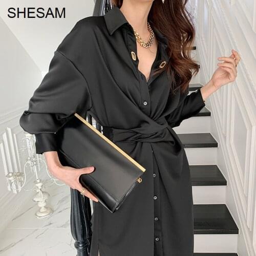 Korean Chic Dress French Elegant Lapel Single Breasted Cross Tie Waist Long Lantern Sleeve Shirt Dress