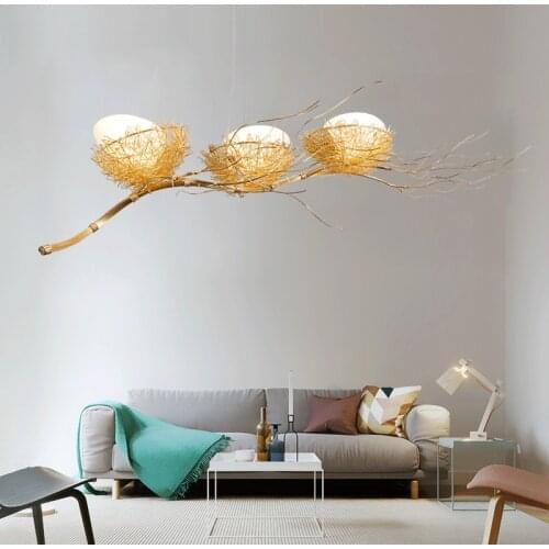 Post Modern Handwork Gold Aluminium Steel Bird Nest Pendant Light Lamp Nordic Silver Alu Wire White Glass Egg Suspension Light