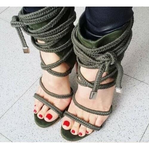 Sexy Green Rope Braided High Heel Sandals Women Summer Dress Shoes Cut-out Gladiator Cross Strappy Sandals Patchwork Lady Shoes