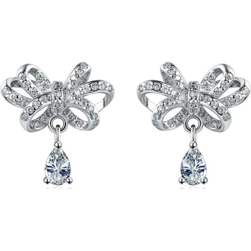 925 Sterling Silver Elegant Sparkling Bowknot Drop Earrings With Crystal Zircon Pendant Wedding Party Jewelry S-E349