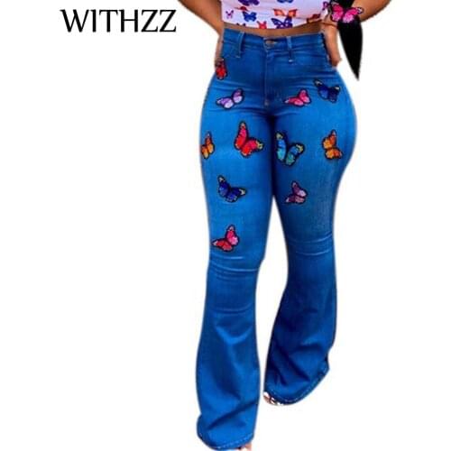WITHZZ Spring Autumn Sexy Womans Butterfly Embroidery Stretch Flared Pants Wide-leg Pants High Waist Jeans