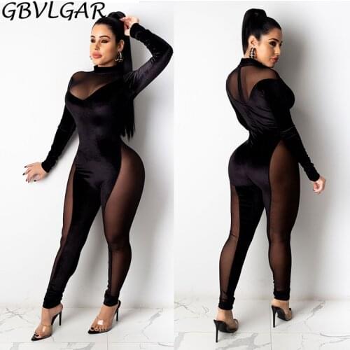 Women Sheer Mesh Bodycon Velvet Jumpsuit Casual Autumn Fall Clothes 2021 Long Sleeve Turtleneck See Through Party Club Overall