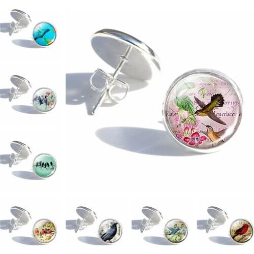 Hummingbird Collage Art Plated Women Fashion Glass Dome Stud Earrings Cute Bird Jewelry Birds Lover Gifts